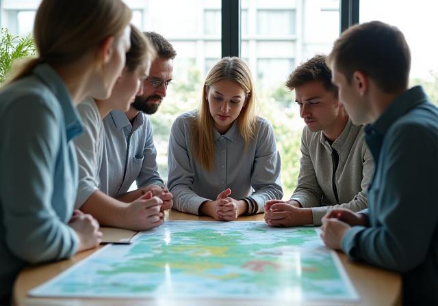 Team discussing circular product lifecycle in a modern office